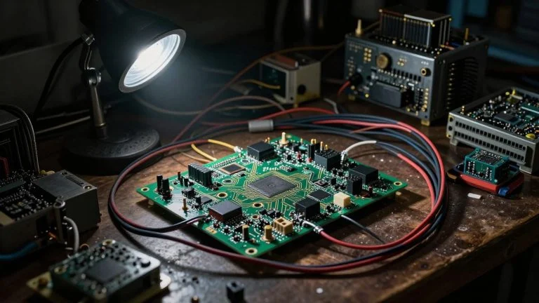 Tangled wires and circuit boards in a workshop.