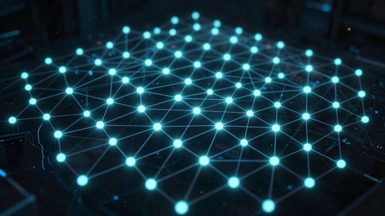Digital blockchain network with glowing interconnected nodes.