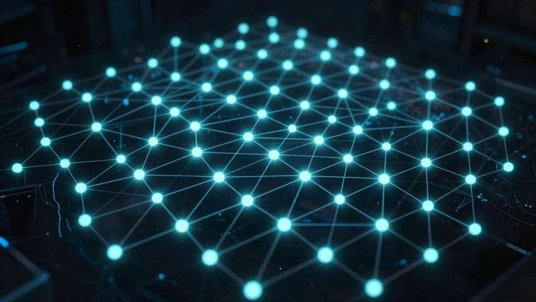 Digital blockchain network with glowing interconnected nodes.