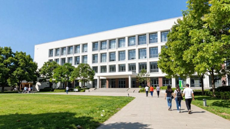 New York Institute of Technology campus building with students and trees.