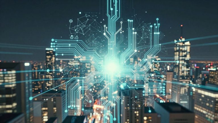 Futuristic cityscape with AI neural network patterns and glowing circuits.