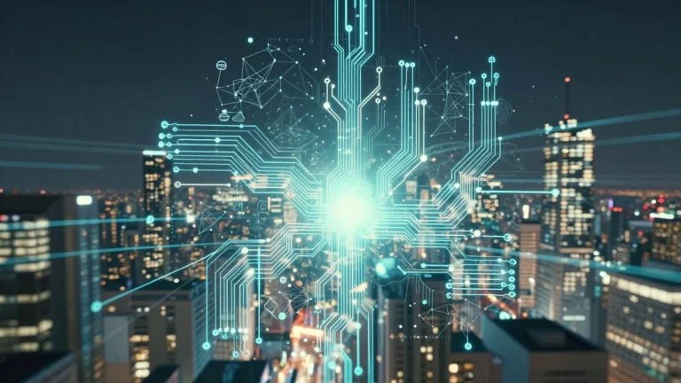 Futuristic cityscape with AI neural network patterns and glowing circuits.
