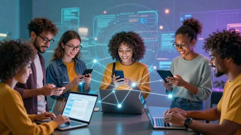 People using various digital devices connected by glowing lines.