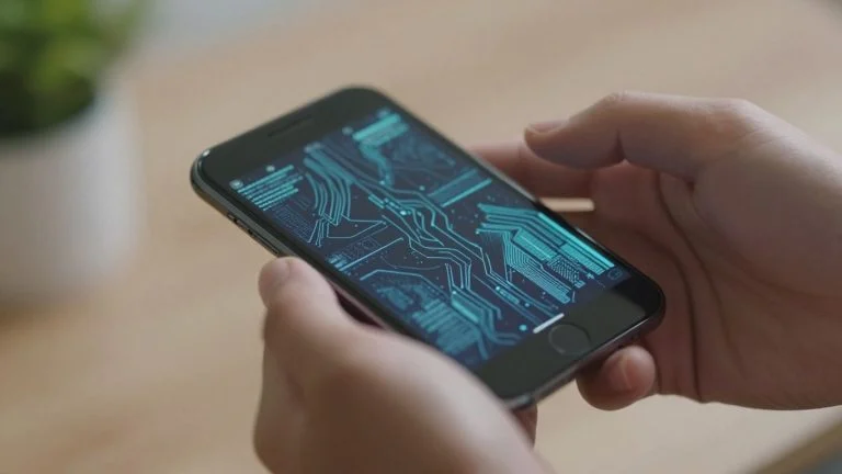 Hands holding a smartphone with digital patterns on screen.