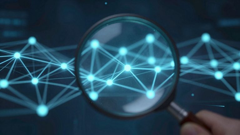 Magnifying glass over blockchain network