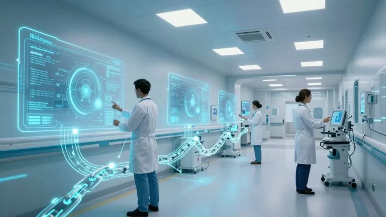 Doctors using digital blockchain in modern hospital setting