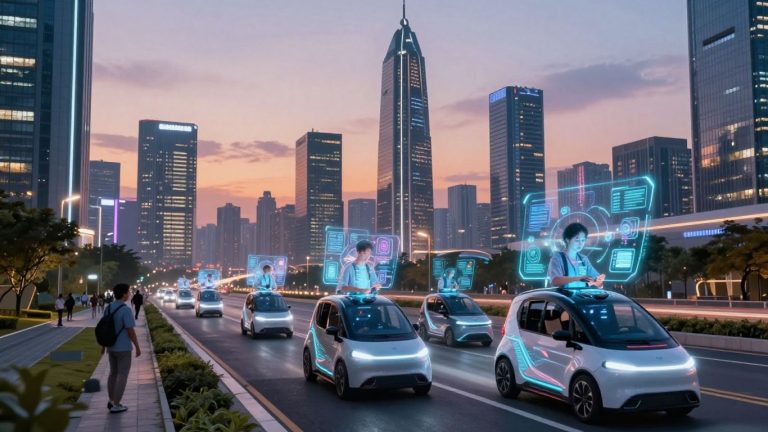 Futuristic cityscape with holographic interfaces and autonomous vehicles.