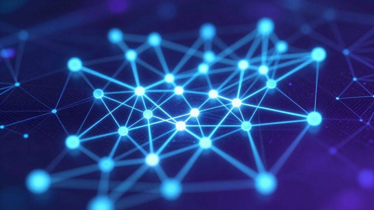 Digital blockchain network with glowing nodes and connections.