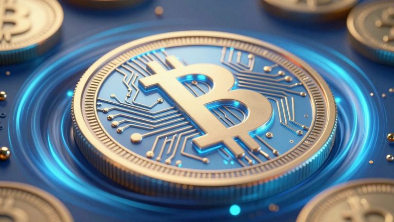 Glowing digital coin with abstract particles.