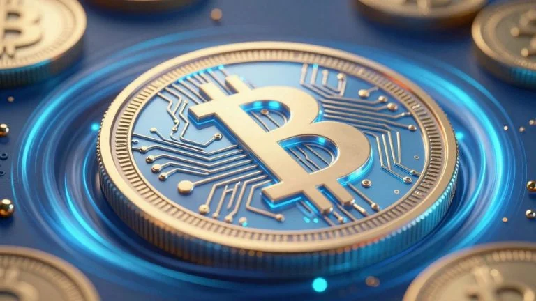 Glowing digital coin with abstract particles.