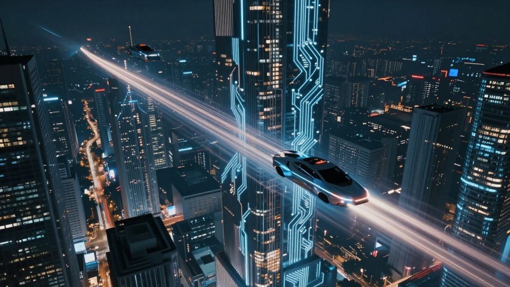 Futuristic cityscape with glowing circuits and flying vehicles.
