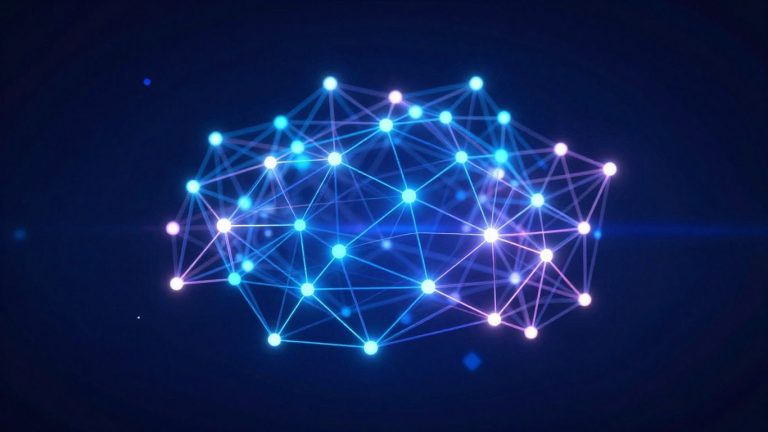 Abstract digital network with interconnected nodes and glowing lines.