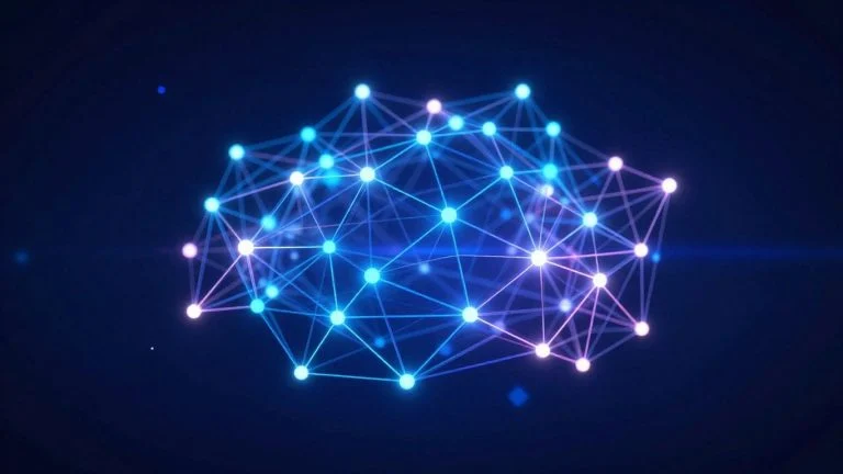 Abstract digital network with interconnected nodes and glowing lines.