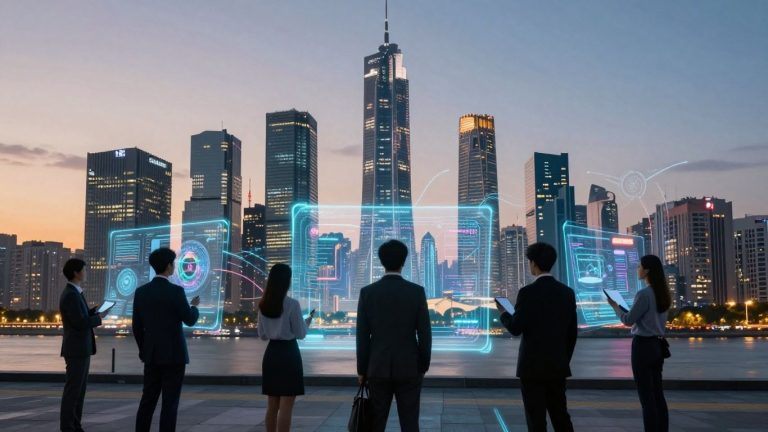 Futuristic cityscape with glowing digital streams and holographic interfaces.