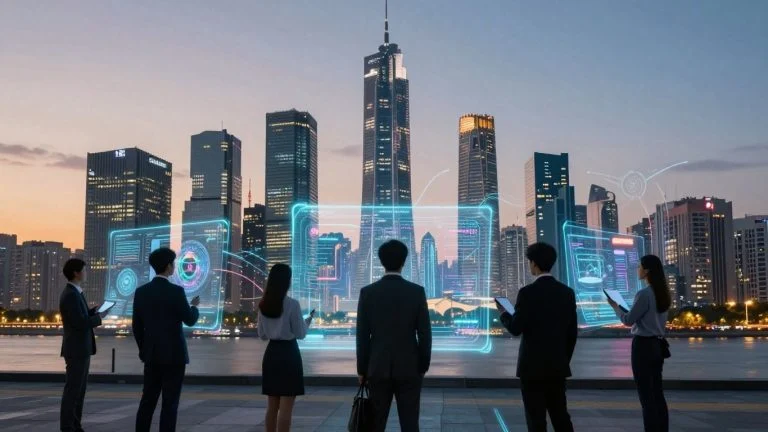 Futuristic cityscape with glowing digital streams and holographic interfaces.