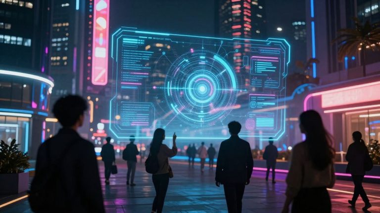 Futuristic AI chat interface with glowing elements.