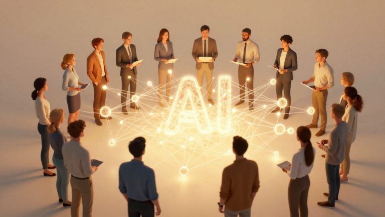 People interacting with a glowing AI visualization.