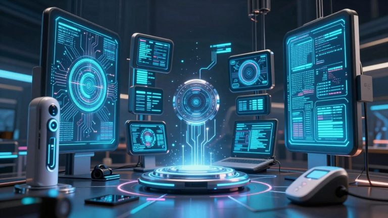 Futuristic technology montage with circuits and glowing screens.