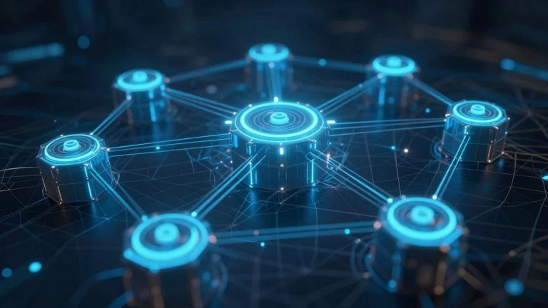 Interconnected digital blocks forming a secure network.