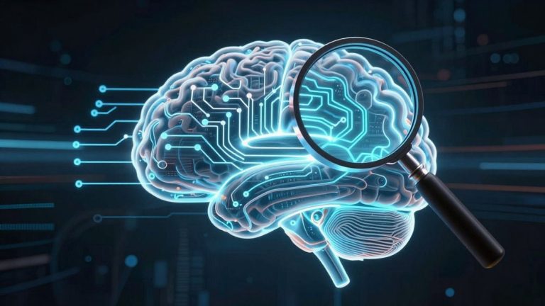 AI brain with magnifying glass detecting content.