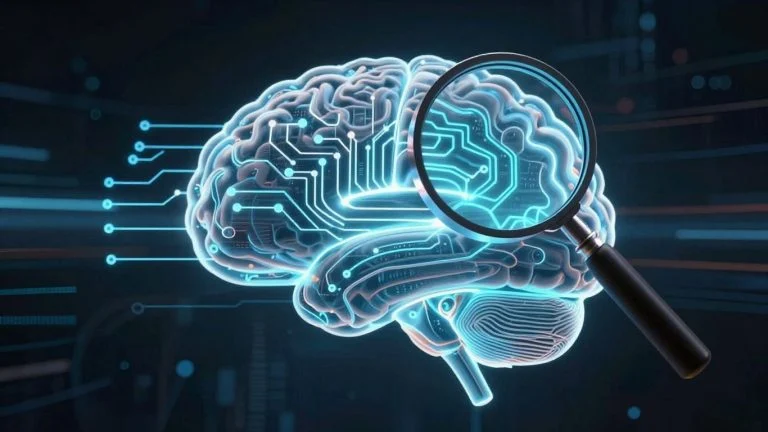 AI brain with magnifying glass detecting content.