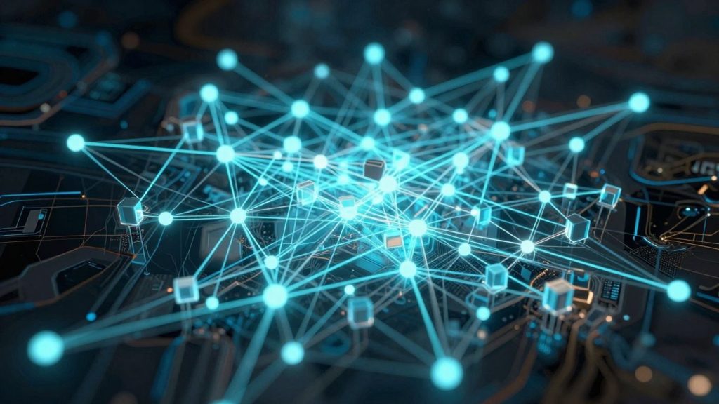 Interconnected glowing digital blocks forming a network.