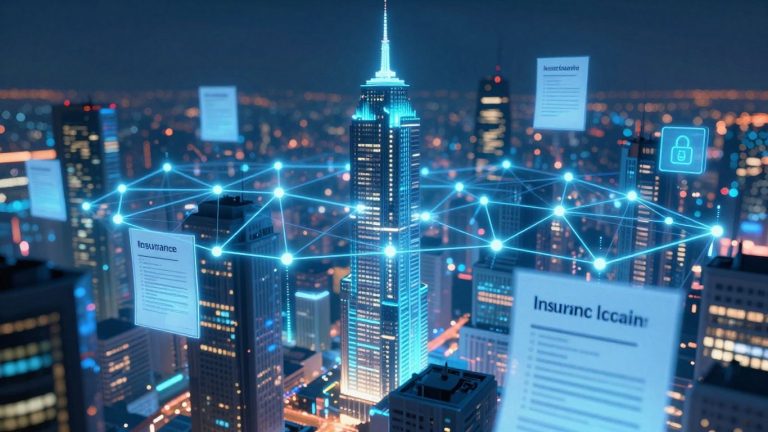 Blockchain network connecting insurance documents and ledgers.