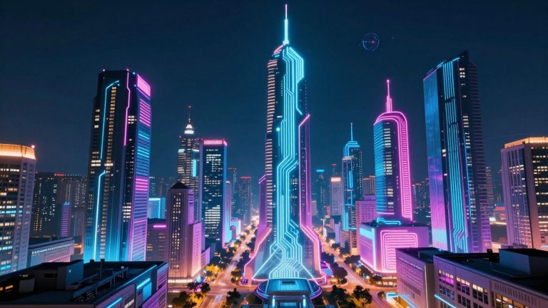 Futuristic cityscape with glowing circuits and abstract tech.