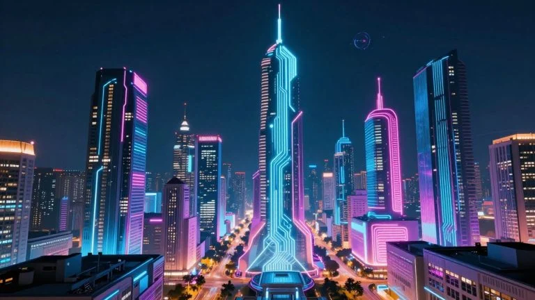 Futuristic cityscape with glowing circuits and abstract tech.