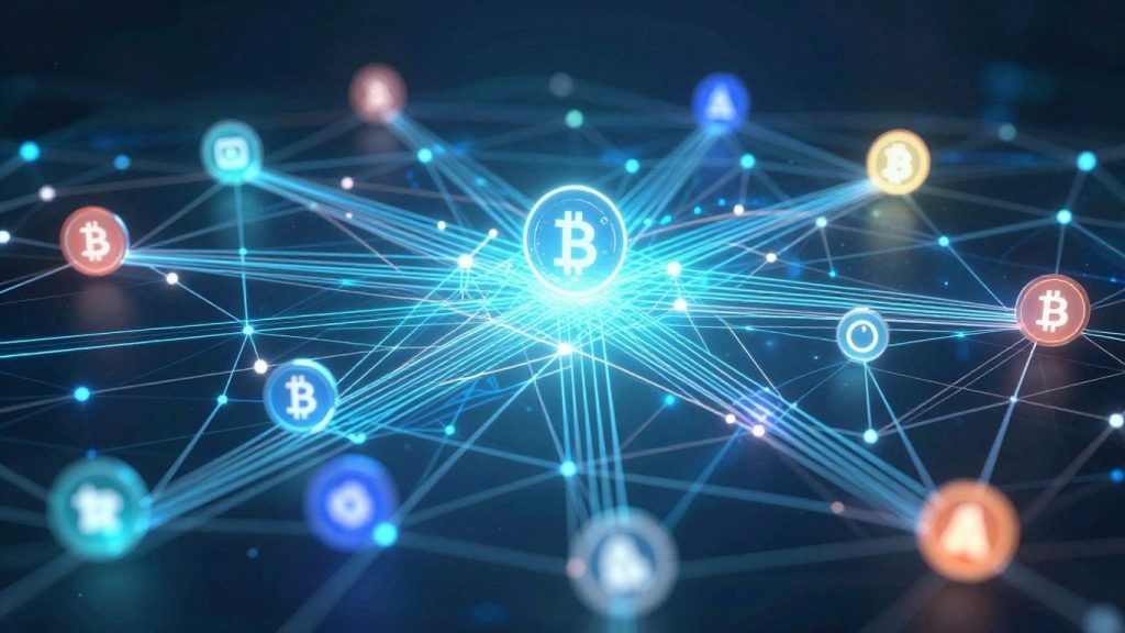 Diverse cryptocurrency icons in a digital network.