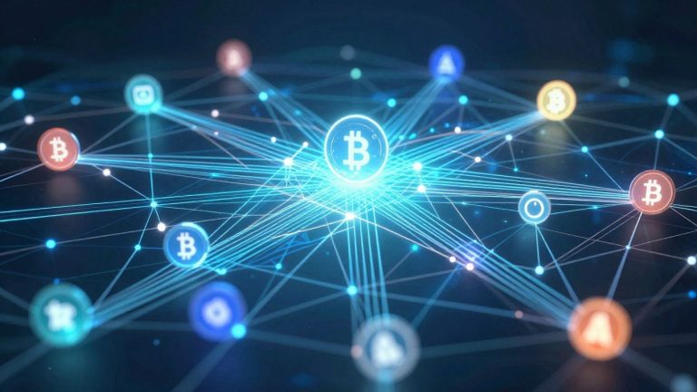 Diverse cryptocurrency icons in a digital network.