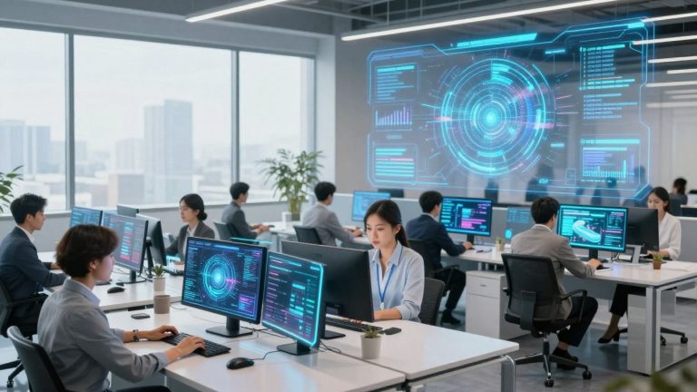 Business professionals interact with futuristic technology in modern office.