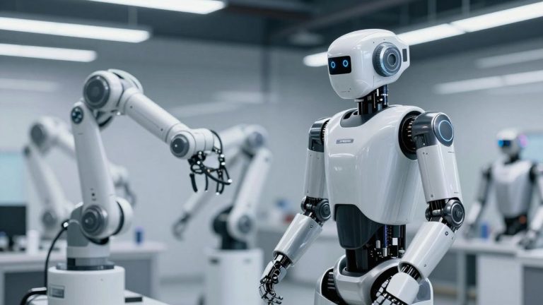 Robots with robotic arms in an industrial setting.