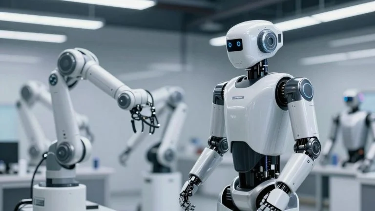 Robots with robotic arms in an industrial setting.