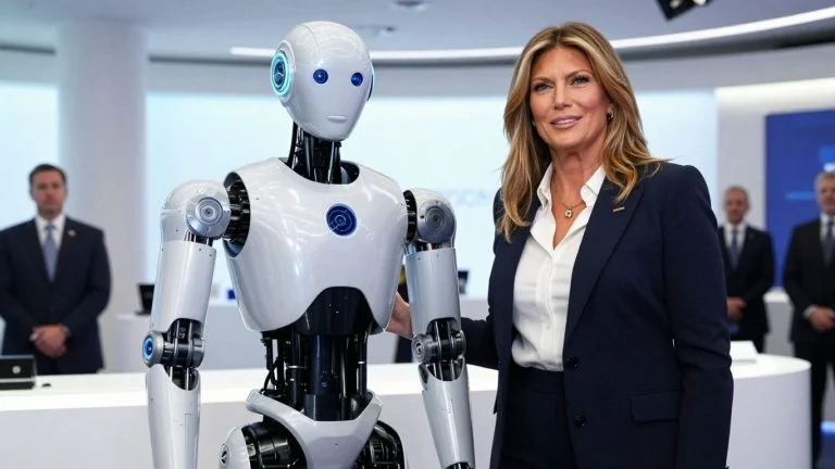 Melania Trump with a humanoid robot at a summit.