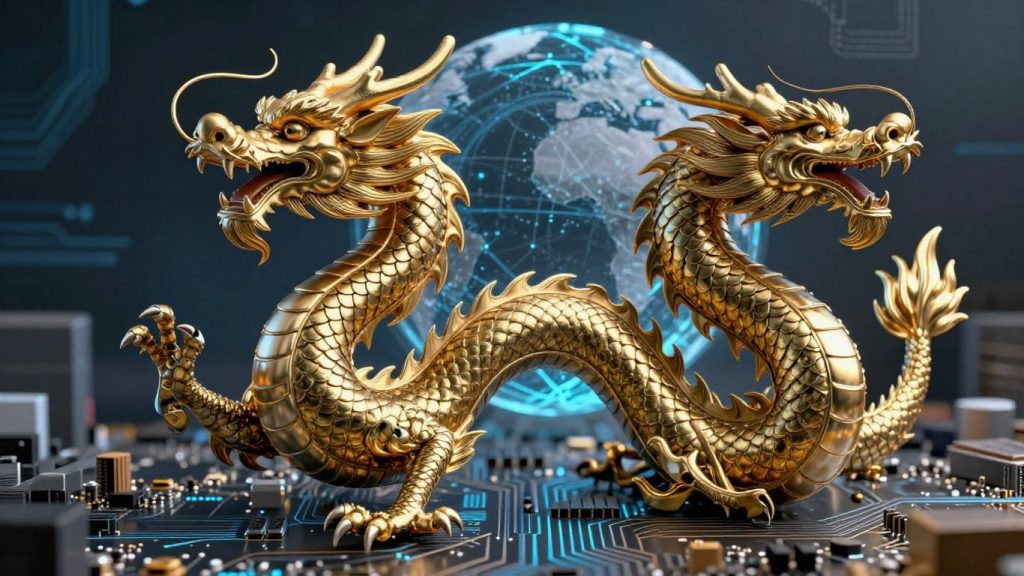 Chinese dragon on circuit board, global tech strategy.