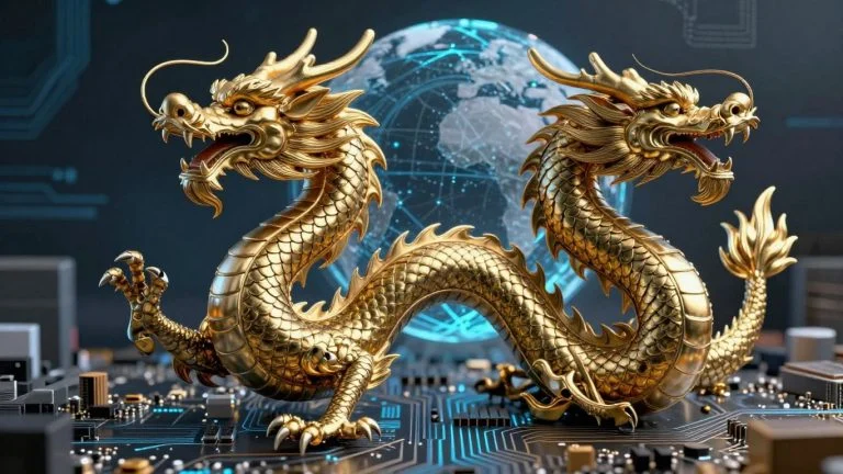 Chinese dragon on circuit board, global tech strategy.