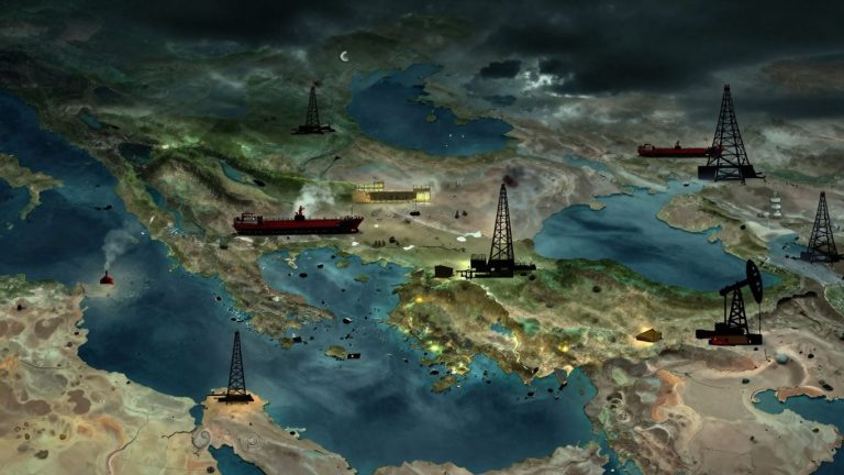 Middle East map with oil facilities under stormy sky.