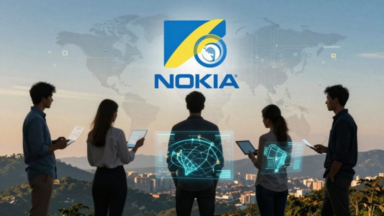 Nokia logo with abstract data streams and diverse people.