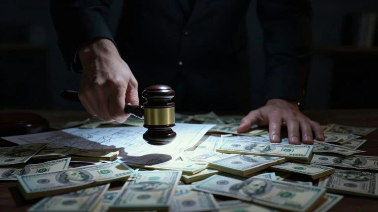 Gavel hitting money, shadowy figure stealing blueprint.