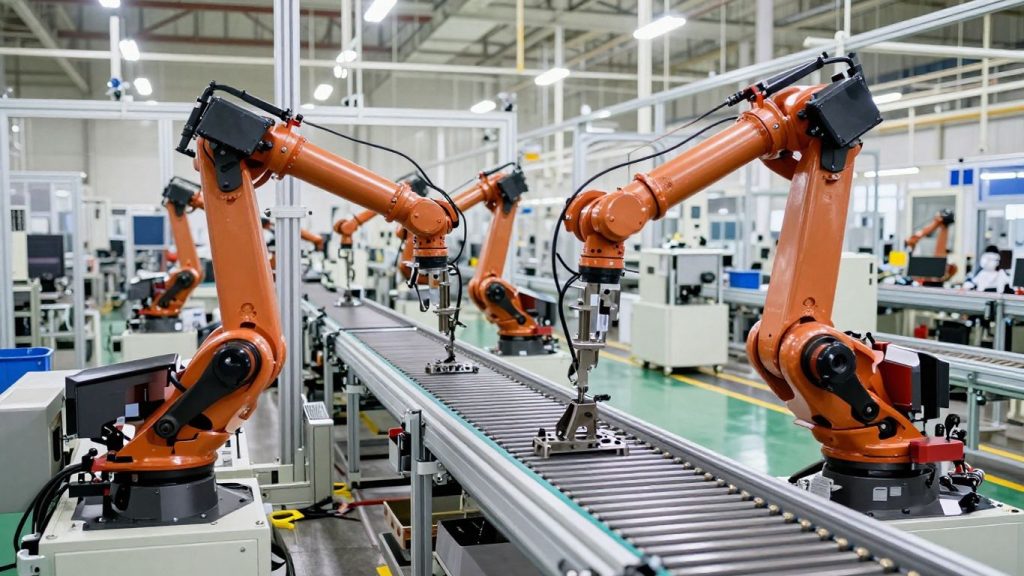 Factory assembly line with robotic arms.