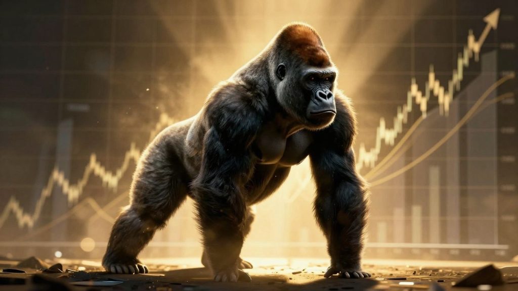 Gorilla silhouette with abstract financial growth elements.