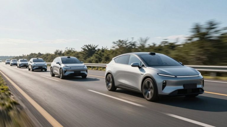 Autonomous vehicles driving on a highway.