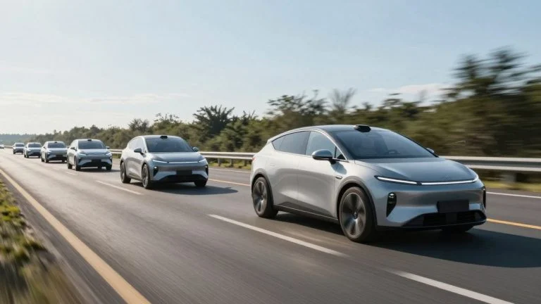 Autonomous vehicles driving on a highway.