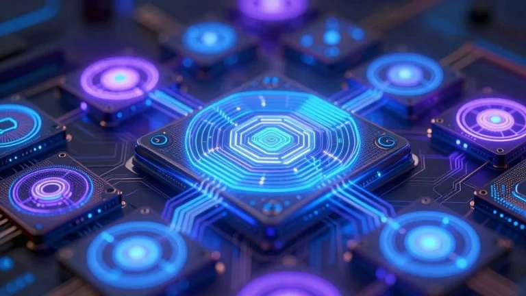 Quantum computer circuits glowing with blue and purple light.