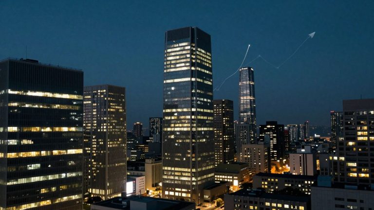 Cityscape at dusk with subtle upward financial trends.