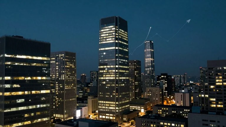 Cityscape at dusk with subtle upward financial trends.