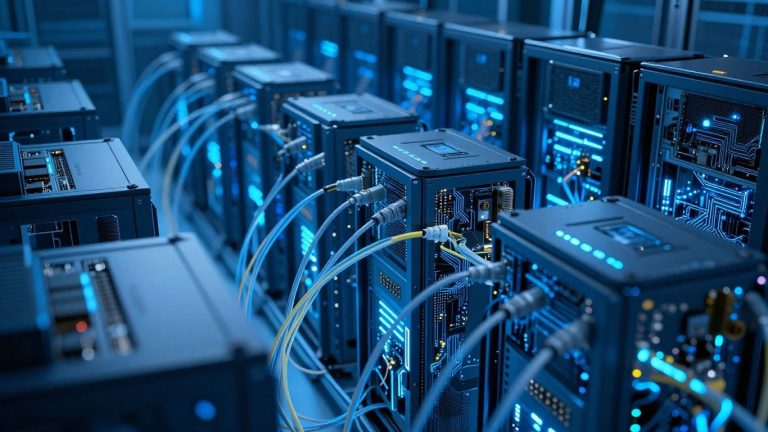 NVIDIA AI infrastructure with fiber optics and servers.