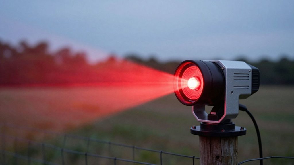 Laser device on fence post detecting predators.
