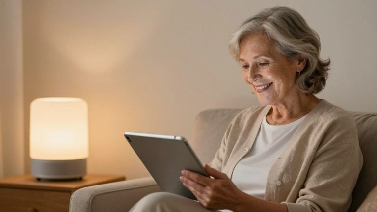 Senior woman using technology at home.